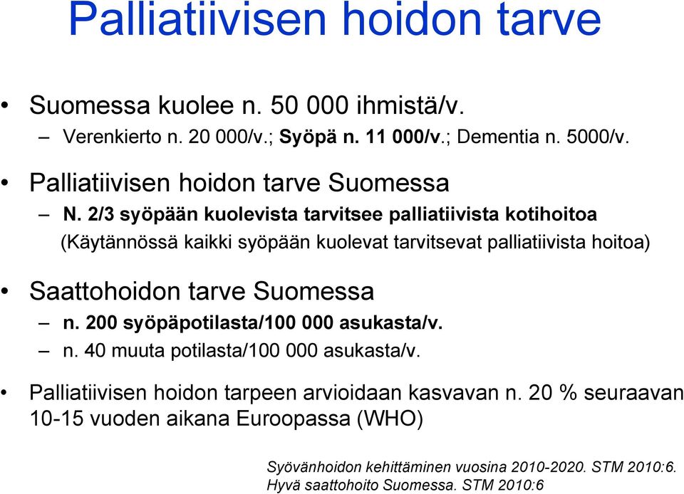 2/3 syöpään kuolevista tarvitsee palliatiivista kotihoitoa (Käytännössä kaikki syöpään kuolevat tarvitsevat palliatiivista hoitoa) Saattohoidon tarve