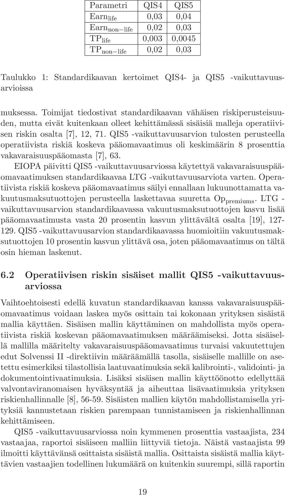 QIS5 -vaikuttavuusarvion tulosten perusteella operatiivista riskiä koskeva pääomavaatimus oli keskimäärin 8 prosenttia vakavaraisuuspääomasta [7], 63.