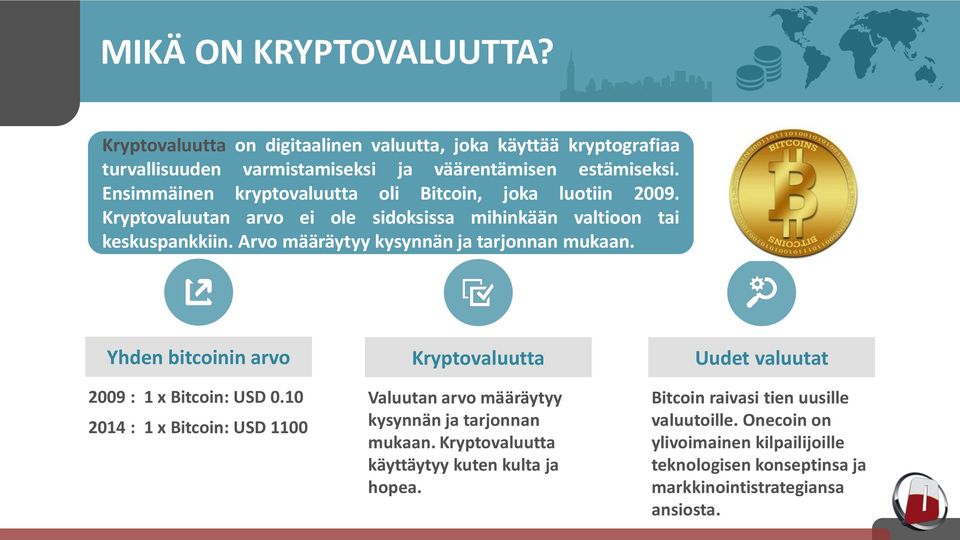 Arvo määräytyy kysynnän ja tarjonnan mukaan. Yhden bitcoinin arvo 2009 : 1 x Bitcoin: USD 0.
