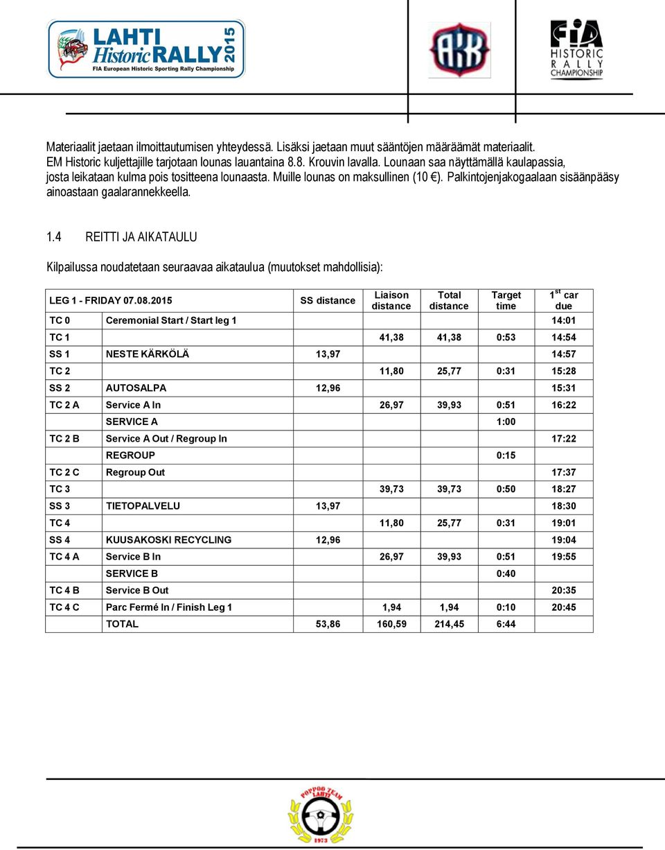 4 REITTI JA AIKATAULU Kilpailussa noudatetaan seuraavaa aikataulua (muutokset mahdollisia): LEG 1 - FRIDAY 07.08.