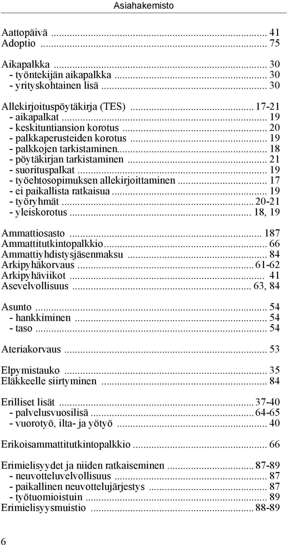 .. 19 työryhmät...20-21 - yleiskorotus... 18, 19 Ammattiosasto... 187 Ammattitutkintopalkkio... 66 Ammattiyhdistysjäsenmaksu... 84 Arkipyhäkorvaus...61-62 Arkipyhäviikot... 41 Asevelvollisuus.