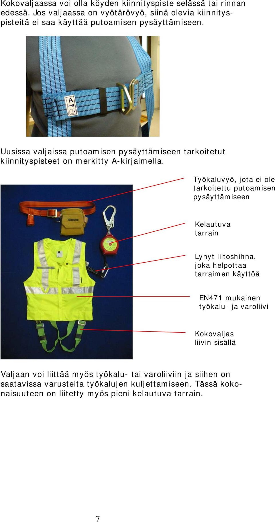 Uusissa valjaissa putoamisen pysäyttämiseen tarkoitetut kiinnityspisteet on merkitty A-kirjaimella.