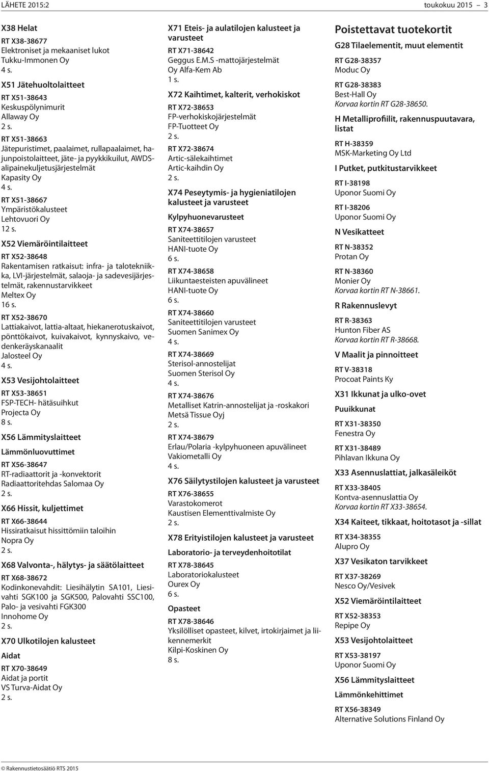 X52-38648 Rakentamisen ratkaisut: infra- ja talotekniikka, LVI-järjestelmät, salaoja- ja sadevesijärjestelmät, rakennustarvikkeet Meltex Oy 1 RT X52-38670 Lattiakaivot, lattia-altaat,