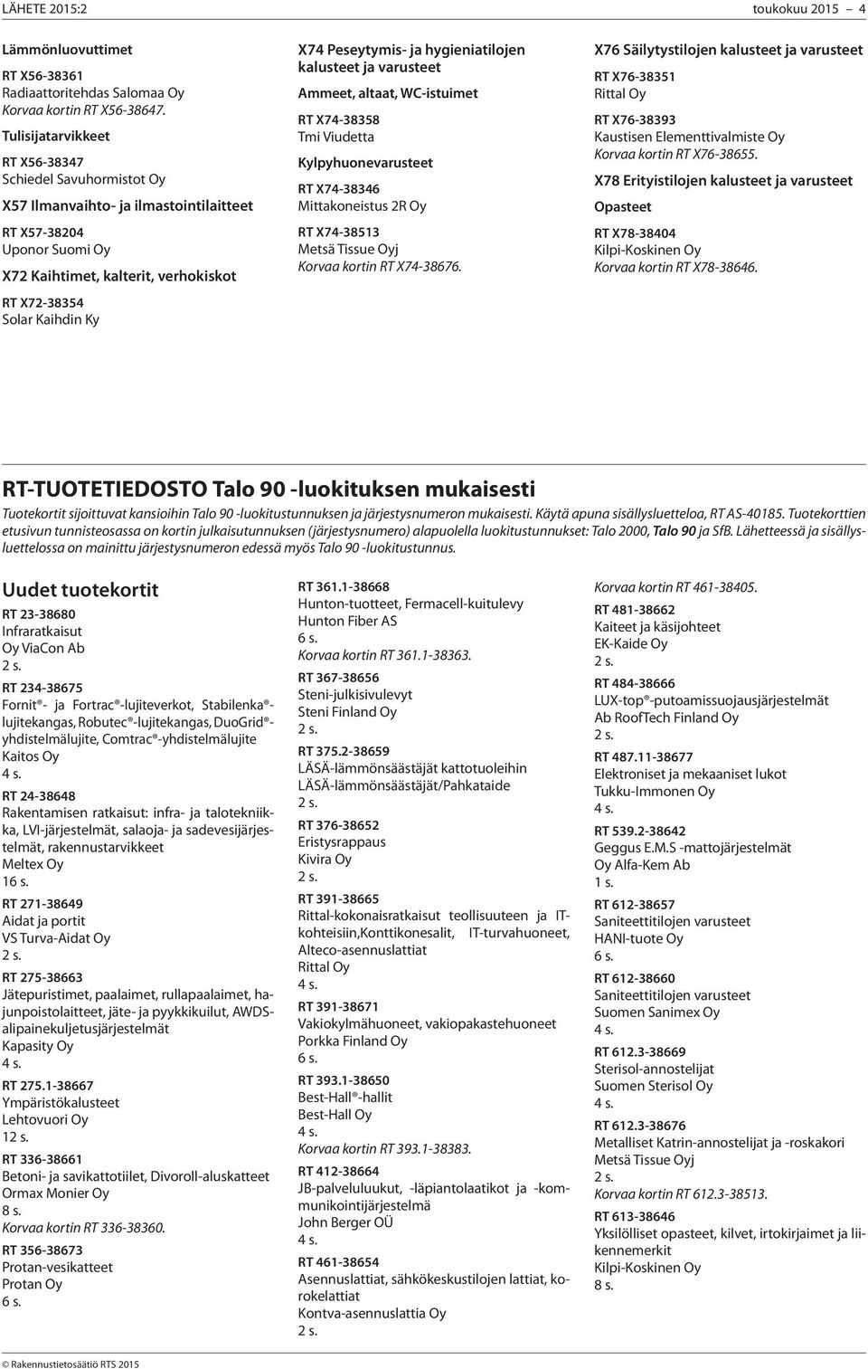 hygieniatilojen kalusteet ja varusteet Ammeet, altaat, WC-istuimet RT X74-38358 Tmi Viudetta Kylpyhuonevarusteet RT X74-38346 Mittakoneistus 2R Oy RT X74-38513 Metsä Tissue Oyj Korvaa kortin RT