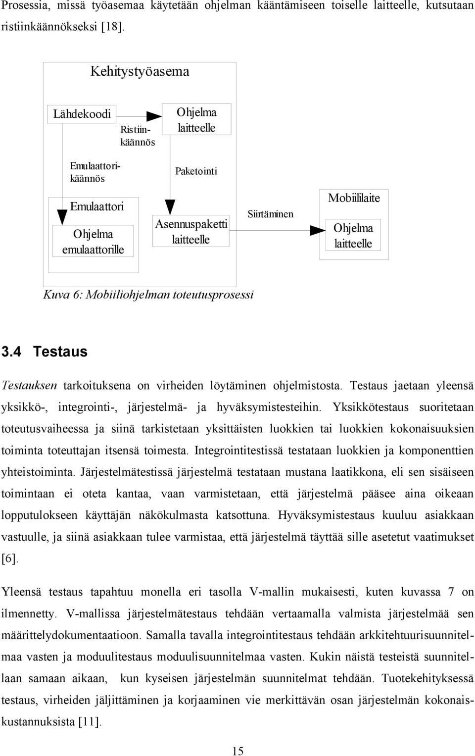 Kuva 6: Mobiiliohjelman toteutusprosessi 3.4 Testaus Testauksen tarkoituksena on virheiden löytäminen ohjelmistosta.