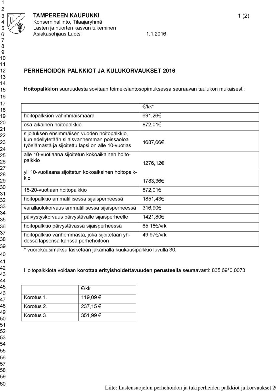 1.2016 PERHEHOIDON PALKKIOT JA KULUKORVAUKSET 2016 Hoitopalkkion suuruudesta sovitaan toimeksiantosopimuksessa seuraavan taulukon mukaisesti: /kk* hoitopalkkion vähimmäismäärä 691,26 osa-aikainen