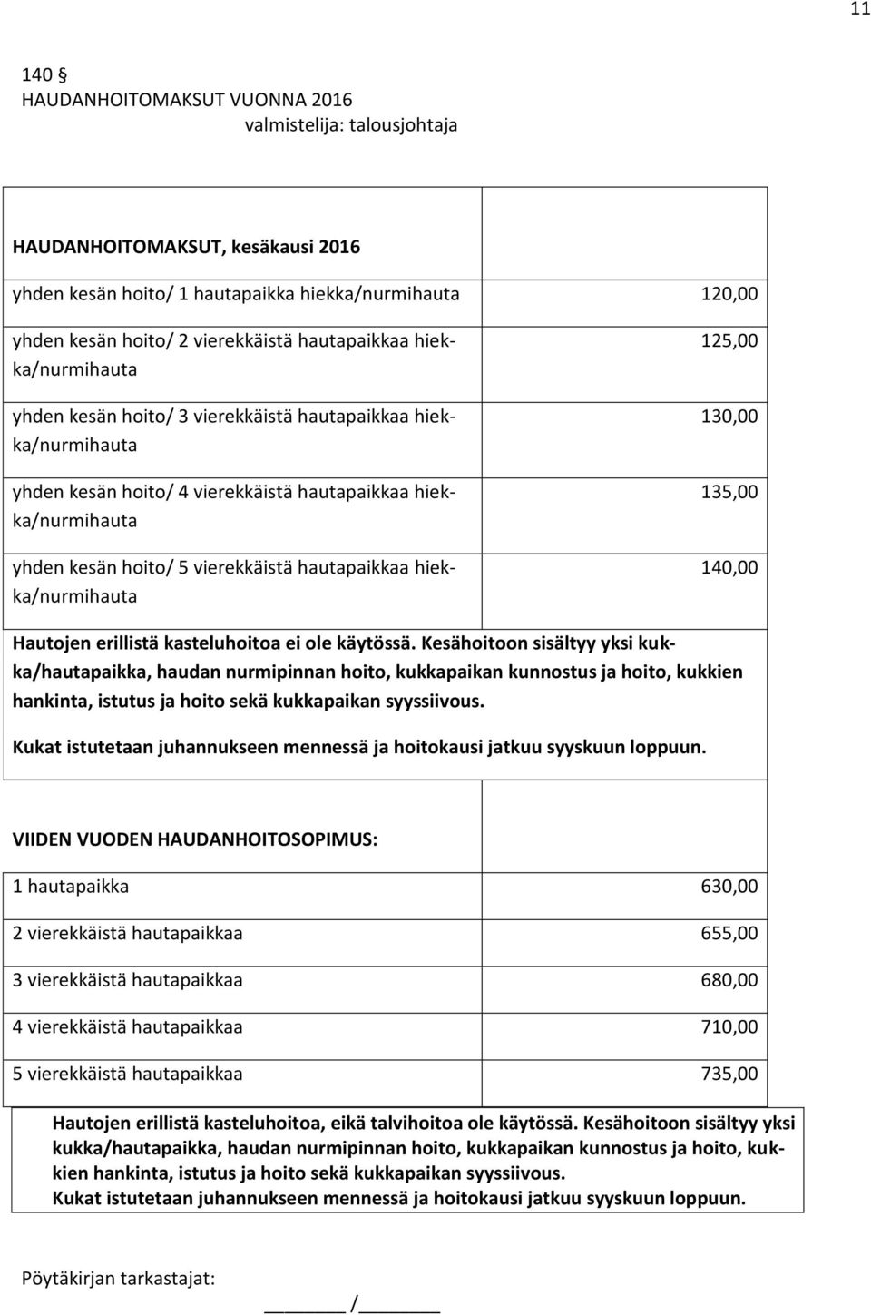 hautapaikkaa hiekka/nurmihauta 125,00 130,00 135,00 140,00 Hautojen erillistä kasteluhoitoa ei ole käytössä.