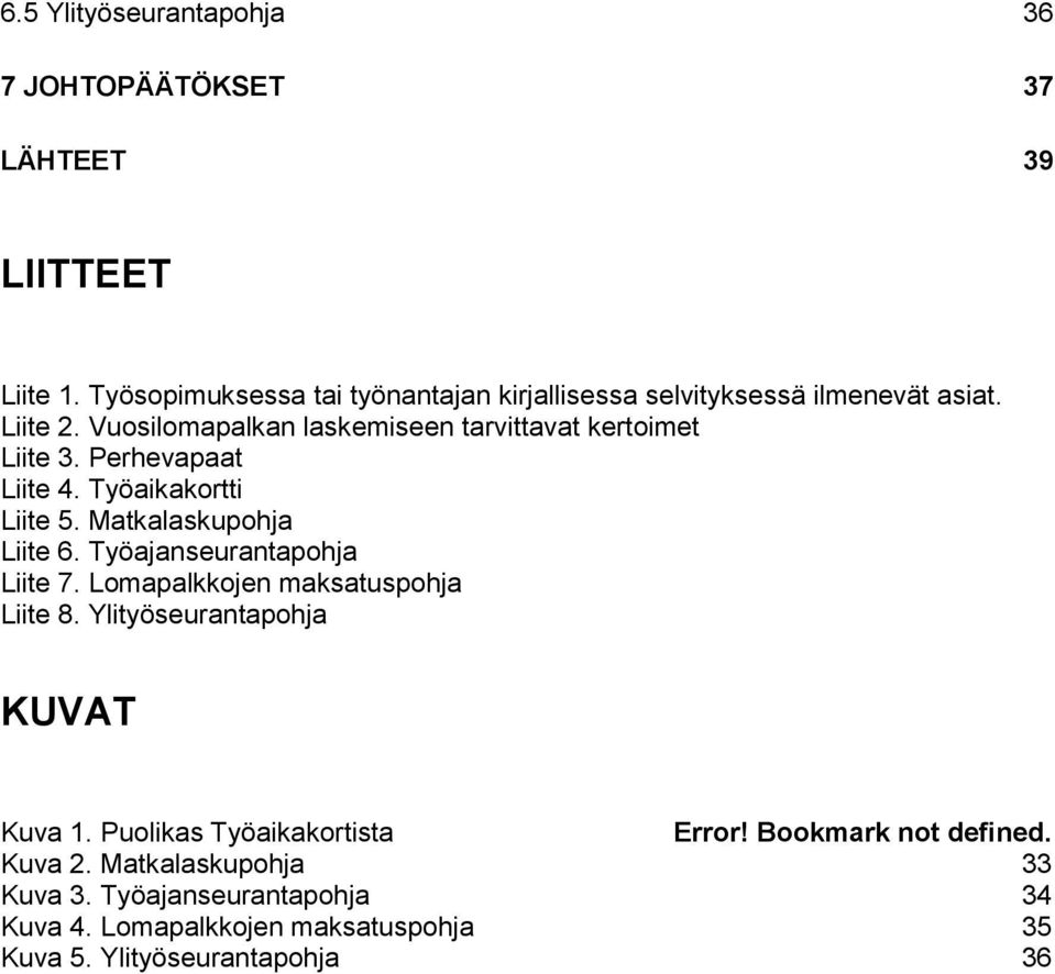 Perhevapaat Liite 4. Työaikakortti Liite 5. Matkalaskupohja Liite 6. Työajanseurantapohja Liite 7. Lomapalkkojen maksatuspohja Liite 8.