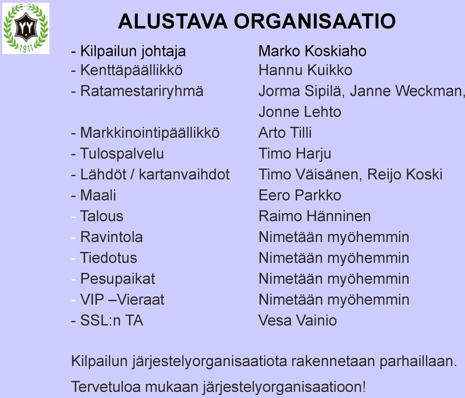 Parkko - Talous Raimo Hänninen - Ravintola Nimetään myöhemmin - Tiedotus Nimetään myöhemmin - Pesupaikat Nimetään myöhemmin - VIP Vieraat