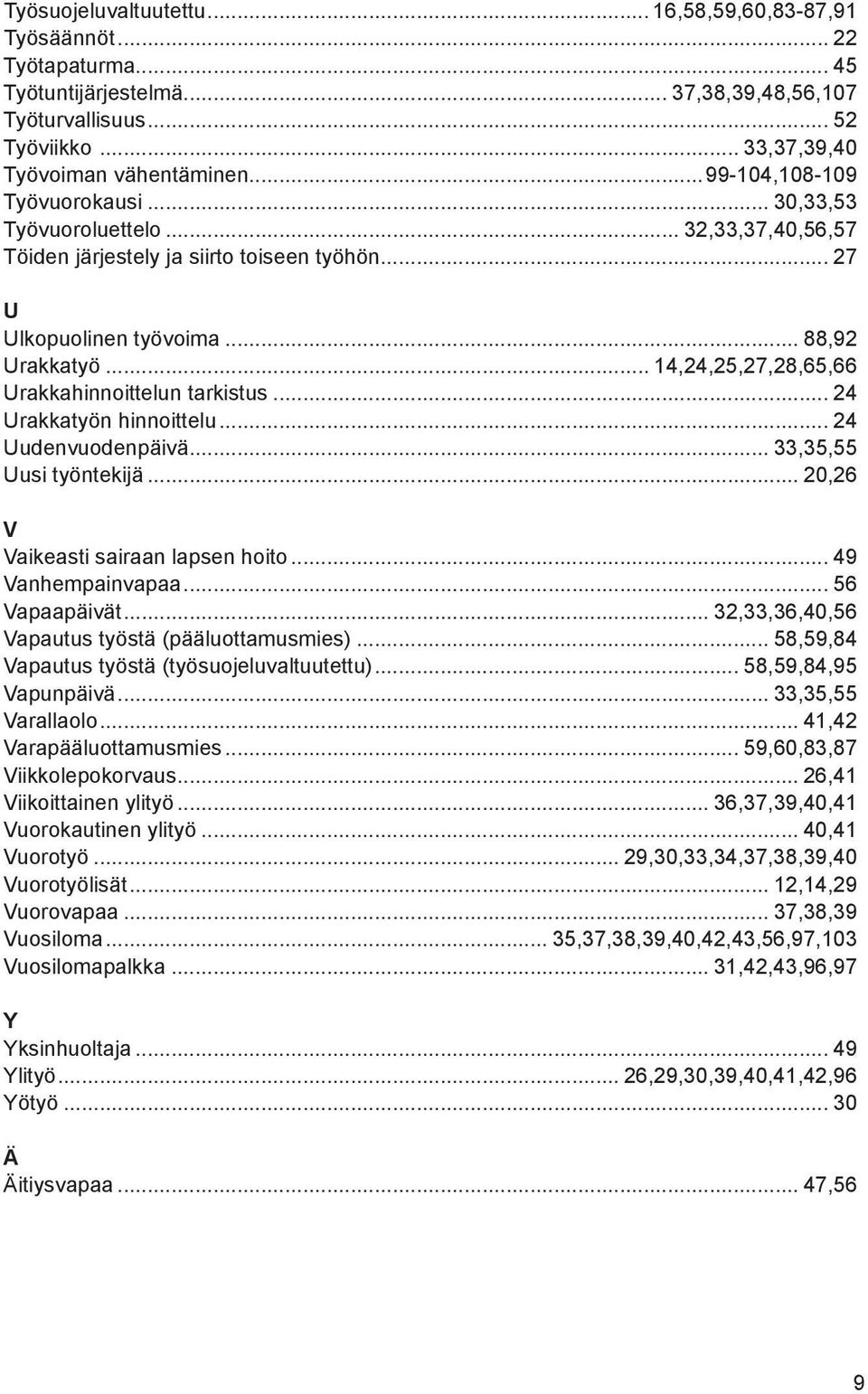 .. 14,24,25,27,28,65,66 Urakkahinnoittelun tarkistus... 24 Urakkatyön hinnoittelu... 24 Uudenvuodenpäivä... 33,35,55 Uusi työntekijä... 20,26 V Vaikeasti sairaan lapsen hoito... 49 Vanhempainvapaa.