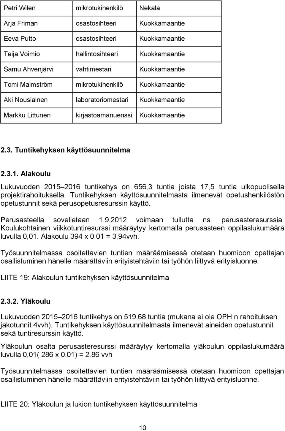 Alakoulu Lukuvuoden 2015 2016 tuntikehys on 656,3 tuntia joista 17,5 tuntia ulkopuolisella projektirahoituksella.