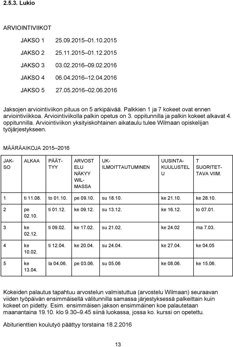 MÄÄRÄAIKOJA 2015 2016 JAK- SO ALKAA PÄÄT- TYY ARVOST ELU NÄKYY WIL- MASSA UK- ILMOITTAUTUMINEN UUSINTA- KUULUSTEL U T SUORITET- TAVA VIIM. 1 ti 11.08. to 01.10. pe 09.10. su 18.10. ke 21.10. ke 28.10. 2 pe 02.