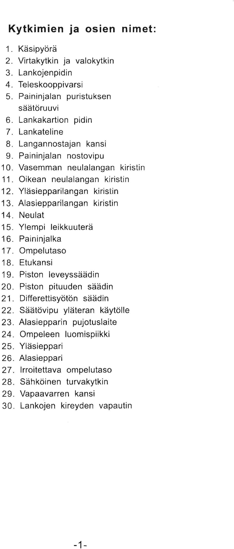 Neulat 15. Ylempi leikkuutera 16. Paininjalka 17. Ompelutaso 18. Etukansi 19. Piston leveyssaadin 20. Piston pituuden saadin 21. Differettisyotbn saadin 22.