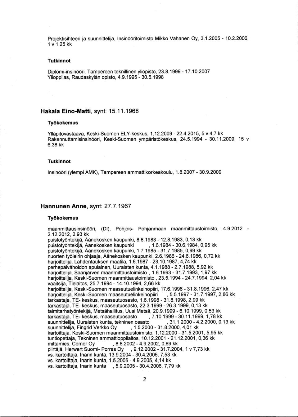 8.2007-30.9.2009 Hannunen Anne, synt: 27.7.1967 maanmittausinsinööri, (Dl), Pohjois- Pohjanmaan maanmittaustoimisto, 4.9.2012 2.12.2012, 2,93 kk puistotyöntekijä, Äänekosken kaupunki, 8.8.1983-12.8.1983, 0,13 kk puistotyöntekijä, Äänekosken kaupunki, 1.