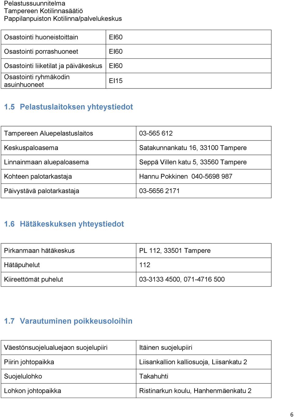 palotarkastaja Hannu Pokkinen 040-5698 987 Päivystävä palotarkastaja 03-5656 2171 1.