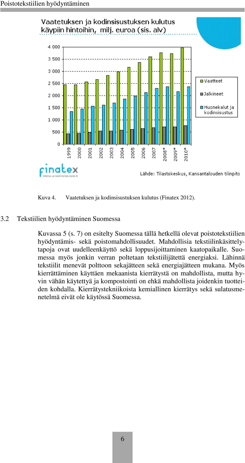 Mahdollisia tekstiilinkäsittelytapoja ovat uudelleenkäyttö sekä loppusijoittaminen kaatopaikalle. Suomessa myös jonkin verran poltetaan tekstiilijätettä energiaksi.