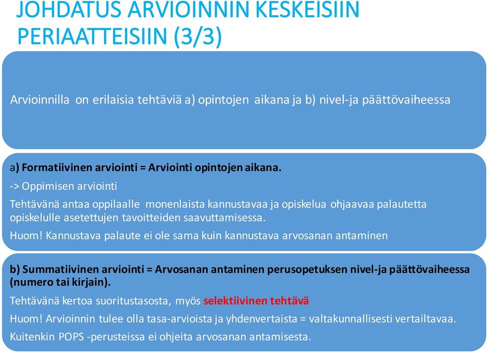 Kannustava palaute ei ole sama kuin kannustava arvosanan antaminen b) Summatiivinen arviointi = Arvosanan antaminen perusopetuksen nivel- ja päättövaiheessa (numero tai kirjain).