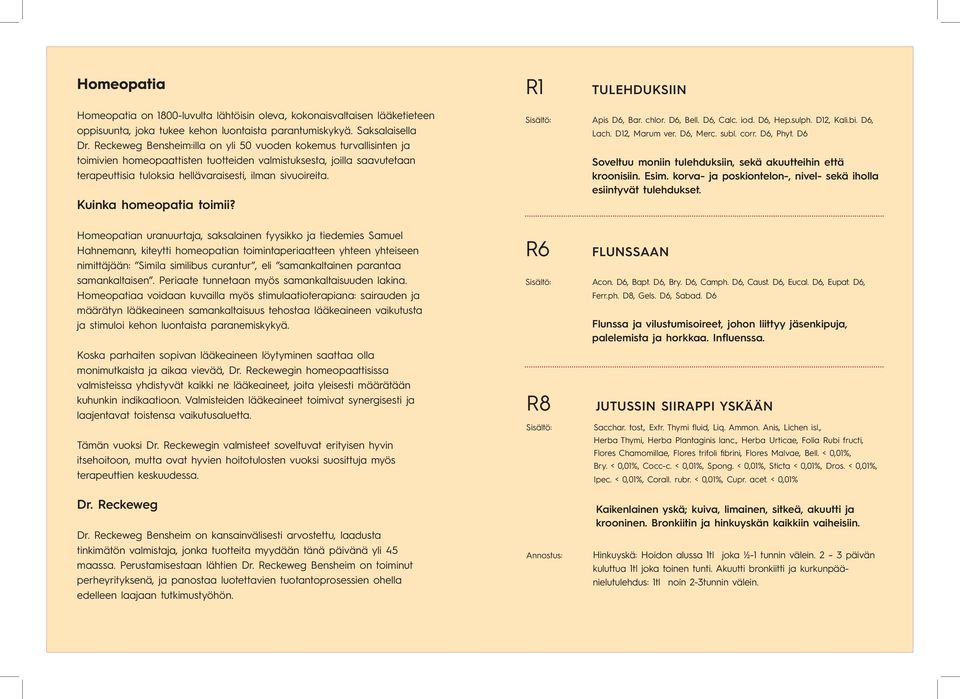 Kuinka homeopatia toimii? Apis D6, Bar. chlor. D6, Bell. D6, Calc. iod. D6, Hep.sulph. D12, Kali.bi. D6, Lach. D12, Marum ver. D6, Merc. subl. corr. D6, Phyt.