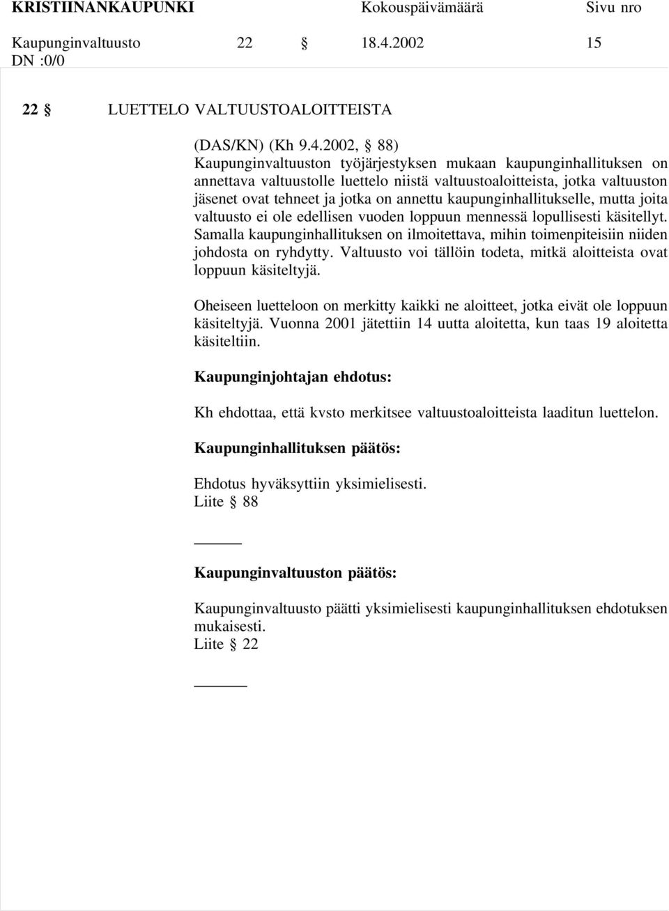 2002, 88) Kaupunginvaltuuston työjärjestyksen mukaan kaupunginhallituksen on annettava valtuustolle luettelo niistä valtuustoaloitteista, jotka valtuuston jäsenet ovat tehneet ja jotka on annettu