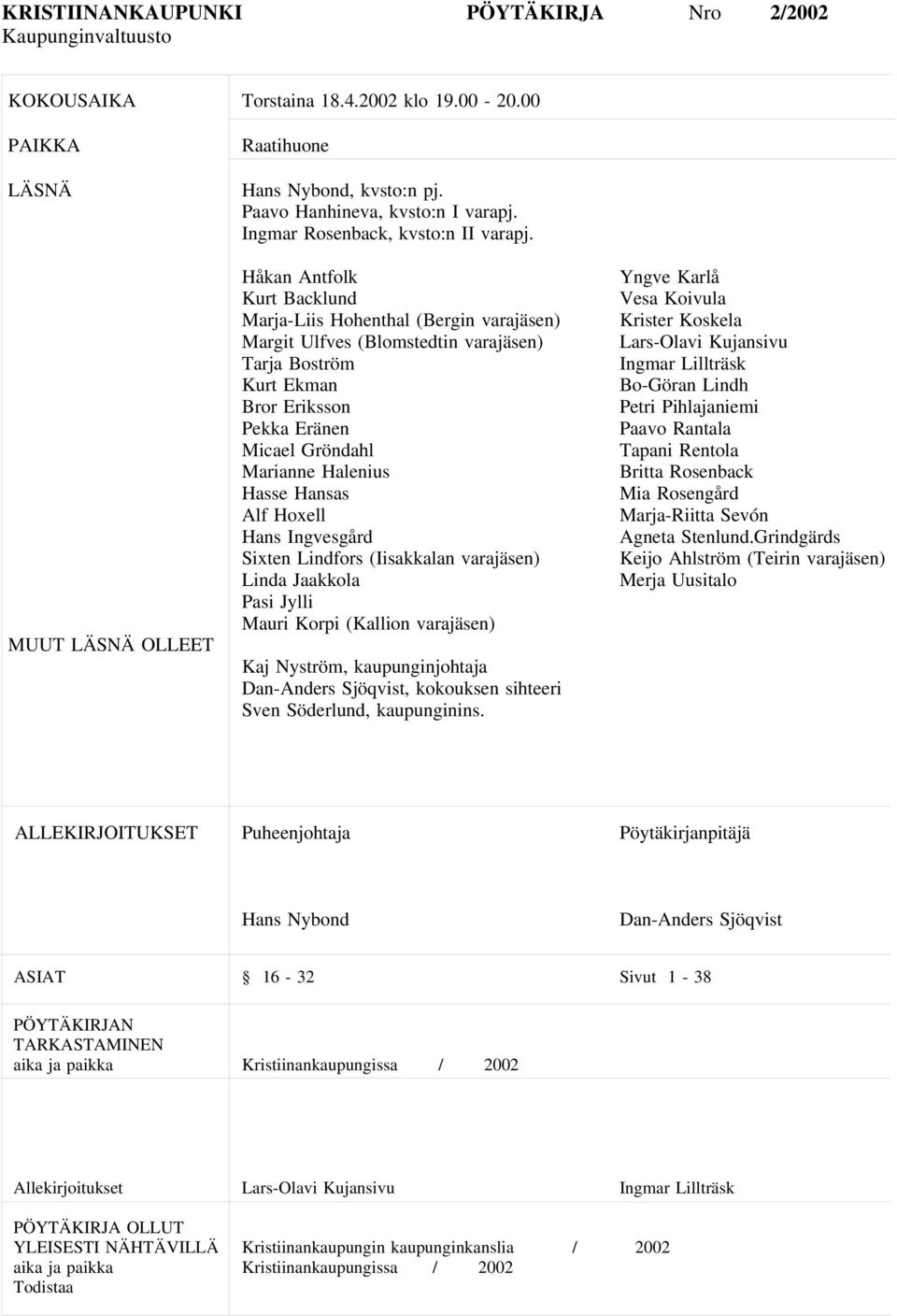 Håkan Antfolk Kurt Backlund Marja-Liis Hohenthal (Bergin varajäsen) Margit Ulfves (Blomstedtin varajäsen) Tarja Boström Kurt Ekman Bror Eriksson Pekka Eränen Micael Gröndahl Marianne Halenius Hasse