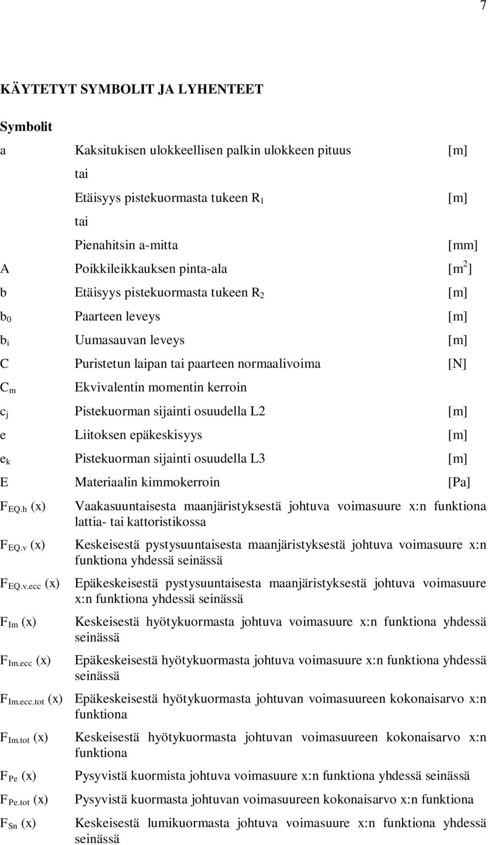 sijainti osuudella L2 [m] e Liitoksen epäkeskisyys [m] e k Pistekuorman sijainti osuudella L3 [m] E Materiaalin kimmokerroin [Pa] F EQ.h (x) F EQ.