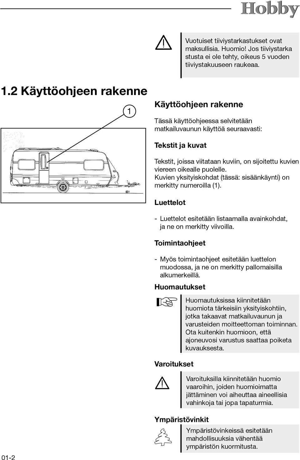 oikealle puolelle. Kuvien yksityiskohdat (tässä: sisäänkäynti) on merkitty numeroilla (1). Luettelot - Luettelot esitetään listaamalla avainkohdat, ja ne on merkitty viivoilla.