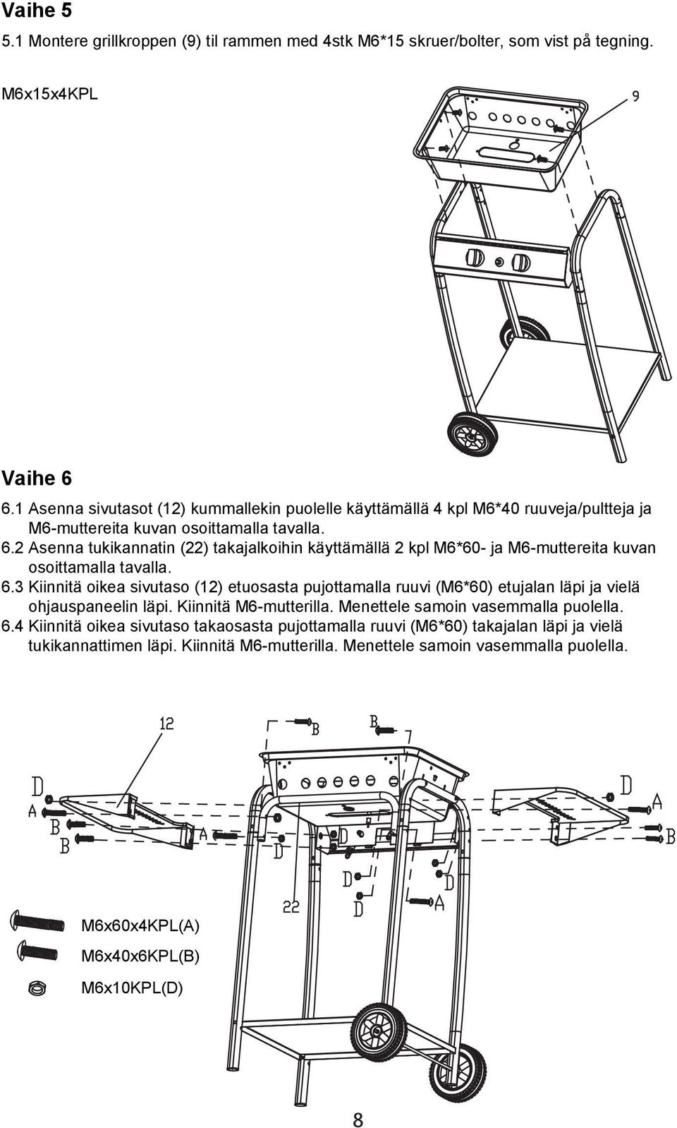 2 Asenna tukikannatin (22) takajalkoihin käyttämällä 2 kpl M6*60- ja M6-muttereita kuvan osoittamalla tavalla. 6.