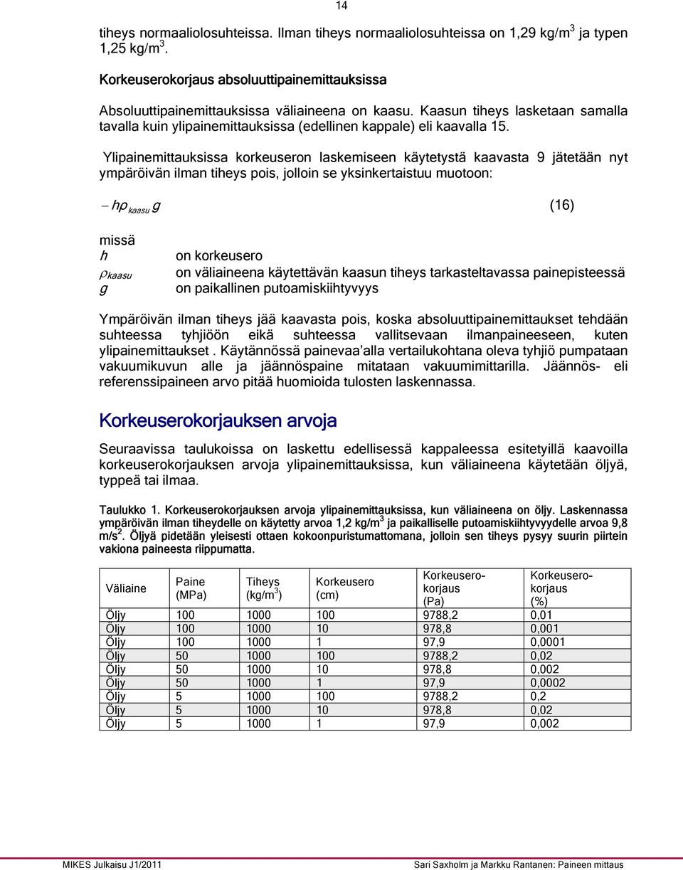 Ylipainemittauksissa korkeuseron laskemiseen käytetystä kaavasta 9 jätetään nyt ympäröivän ilman tiheys pois, jolloin se yksinkertaistuu muotoon: hρ kaasu g (16) missä h ρ kaasu g on korkeusero on