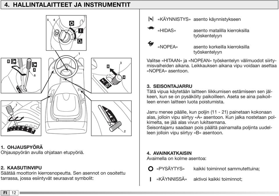 SEISONTAJARRU Tätä vipua käytetään laitteen liikkumisen estämiseen sen jälkeen, kun se on pysäköity paikoilleen. Aseta se aina paikoilleen ennen laitteen luota poistumista.