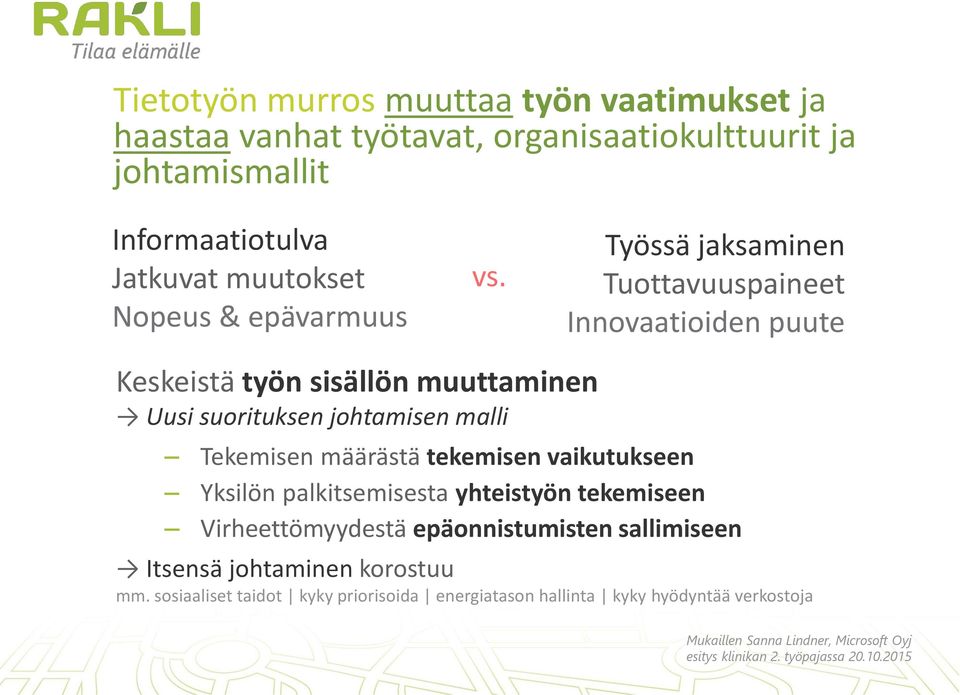 Työssä jaksaminen Tuottavuuspaineet Innovaatioiden puute Keskeistä työn sisällön muuttaminen Uusi suorituksen johtamisen malli Tekemisen määrästä tekemisen