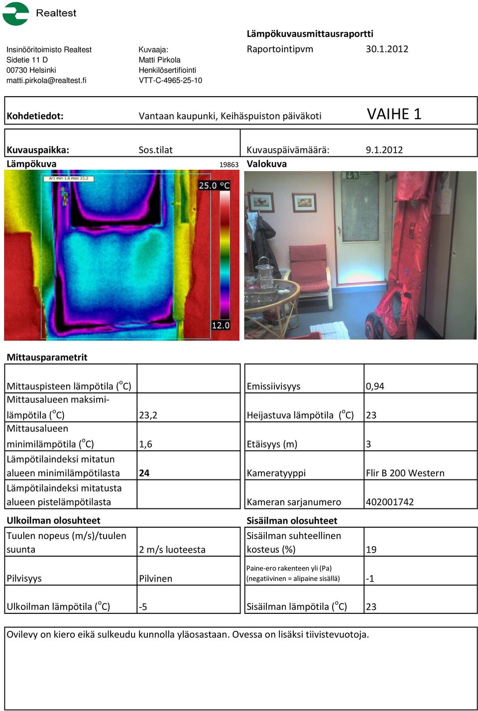 2012 19863 Valokuva Mittauspisteen lämpötila ( o C) Emissiivisyys 0,94 ( o C) 23,2 Heijastuva lämpötila ( o C) 23 minimilämpötila ( o C)
