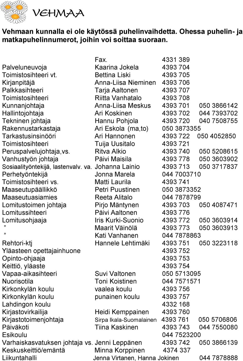 Hallintojohtaja Ari Koskinen 4393 702 044 7393702 Tekninen johtaja Hannu Pohjola 4393 720 040 7508755 Rakennustarkastaja Ari Eskola (ma,to) 050 3873355 Tarkastusinsinööri Ari Hannonen 4393 722 050