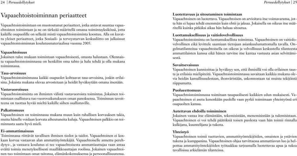 Alla on kuvattu yleiset periaatteet, jotka Sosiaali- ja terveysturvan keskusliitto on julkaissut vapaaehtoistoiminnan koulutusmateriaalissa vuonna 2005.