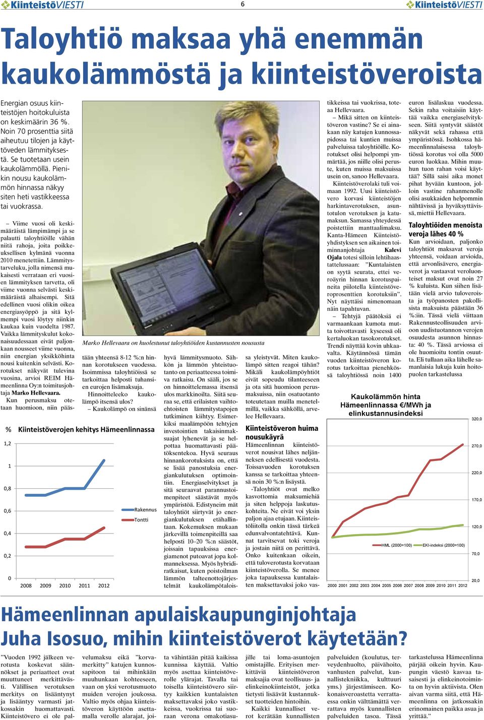 1,2 1 0,8 0,6 0,4 0,2 0 2008 2009 2010 2011 2012 Marko Hellevaara on huolestunut taloyhtiöiden kustannusten noususta Viime vuosi oli keskimääräistä lämpimämpi ja se palautti taloyhtiöille vähän niitä