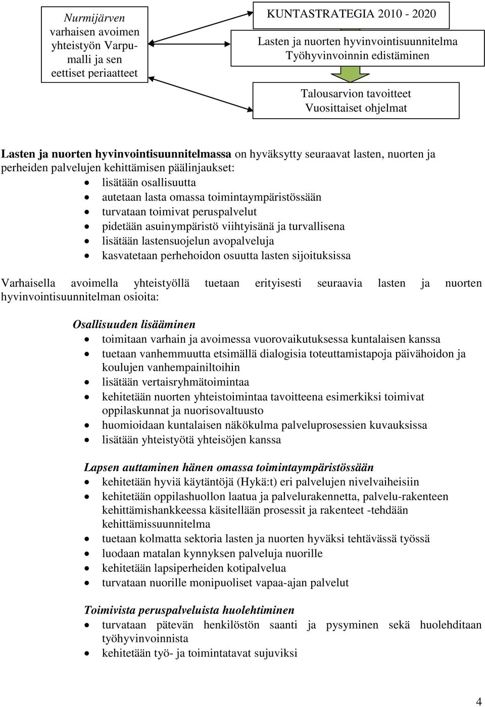 omassa toimintaympäristössään turvataan toimivat peruspalvelut pidetään asuinympäristö viihtyisänä ja turvallisena lisätään lastensuojelun avopalveluja kasvatetaan perhehoidon osuutta lasten