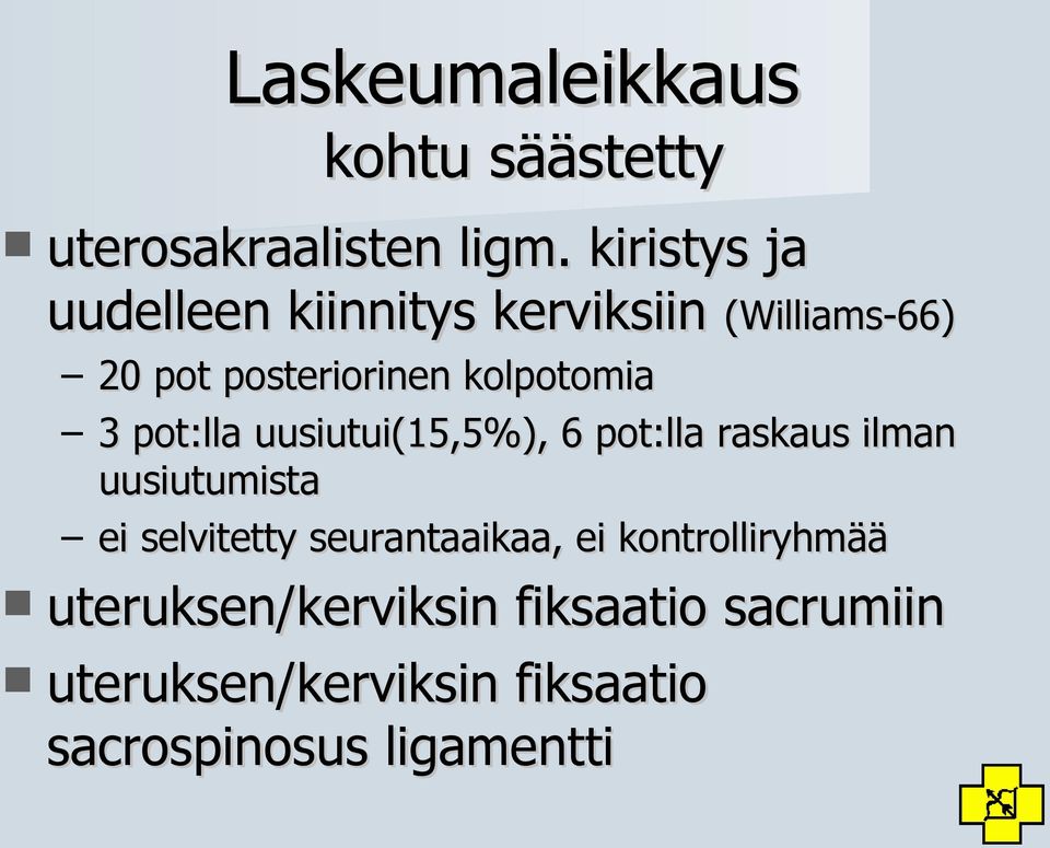 kolpotomia 3 pot:lla uusiutui(15,5%), 6 pot:lla raskaus ilman uusiutumista ei