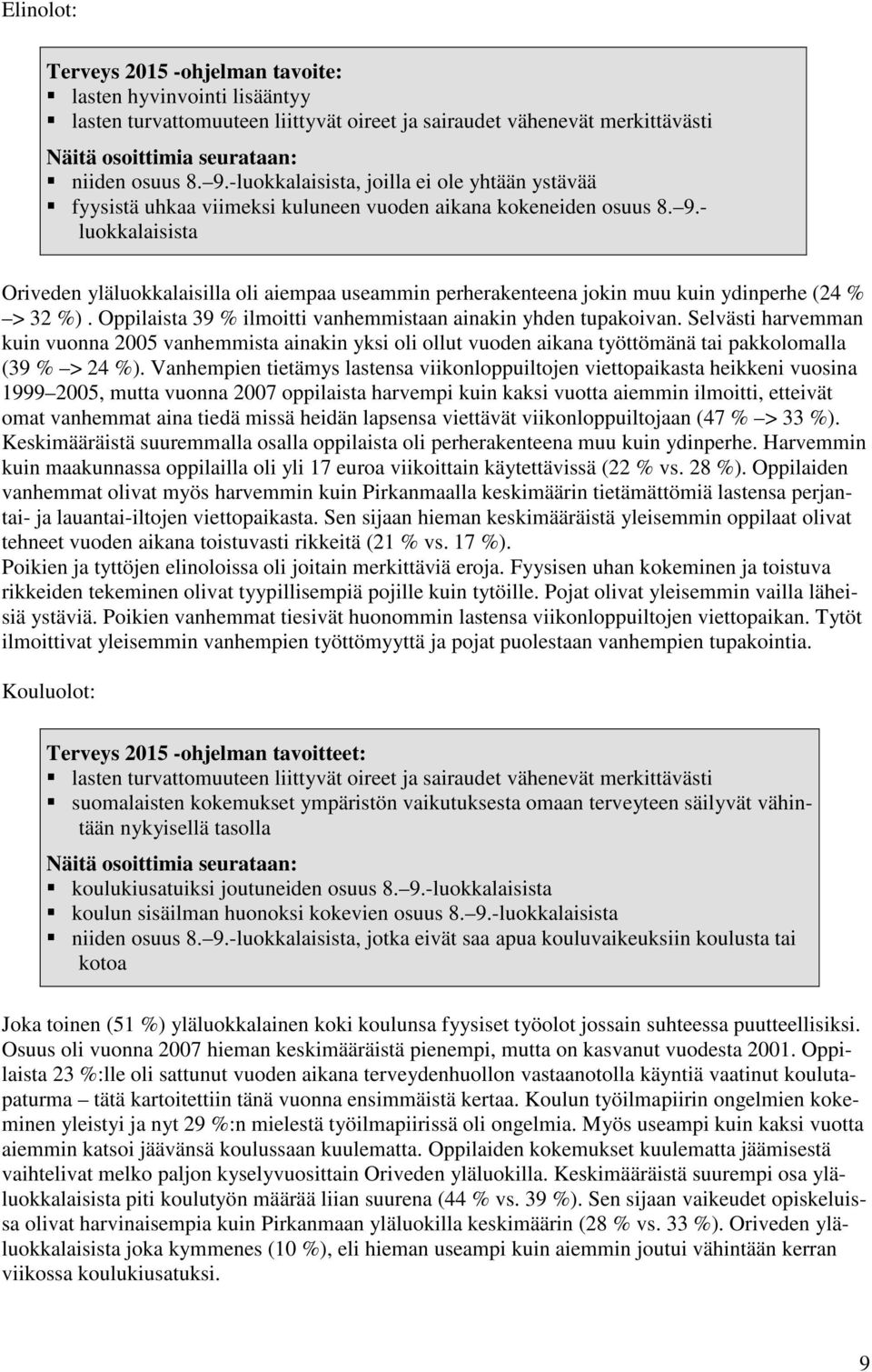 - luokkalaisista Oriveden yläluokkalaisilla oli aiempaa useammin perherakenteena jokin muu kuin ydinperhe (24 % > 32 %). Oppilaista 39 % ilmoitti vanhemmistaan ainakin yhden tupakoivan.