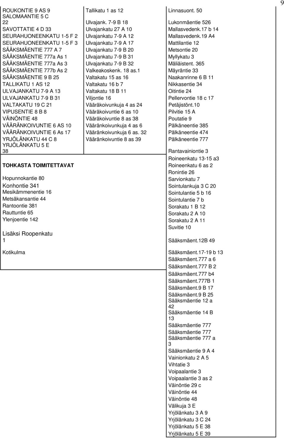 19 A4 SEURAHUONEENKATU 1-5 F 3 Ulvajankatu 7-9 A 17 Mattilantie 12 SÄÄKSMÄENTIE 777 A 7 Ulvajankatu 7-9 B 20 Metsontie 20 SÄÄKSMÄENTIE 777a As 1 Ulvajankatu 7-9 B 31 Myllykatu 3 SÄÄKSMÄENTIE 777a As