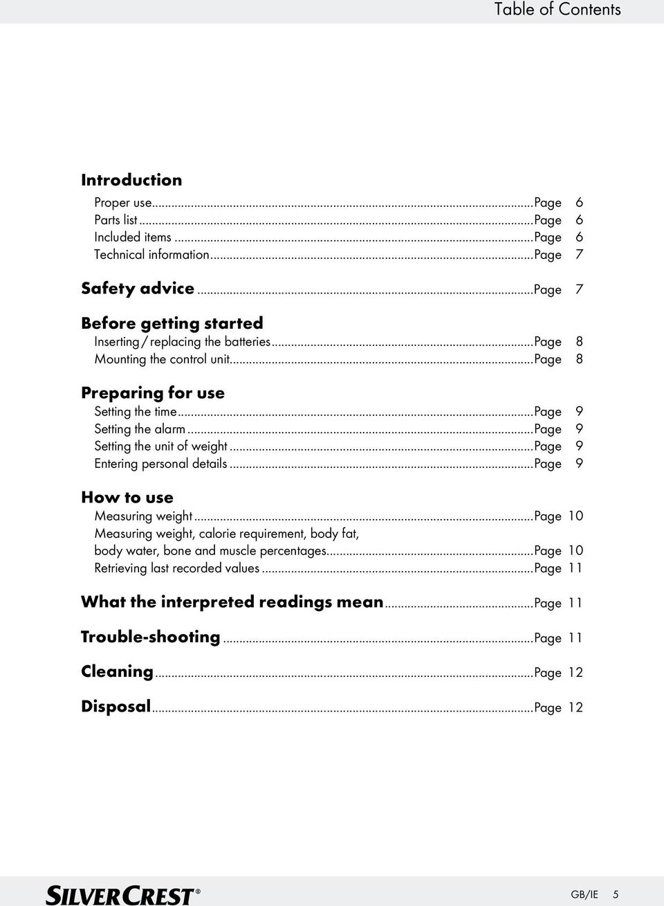 ..page 9 Setting the unit of weight...page 9 Entering personal details...page 9 How to use Measuring weight.