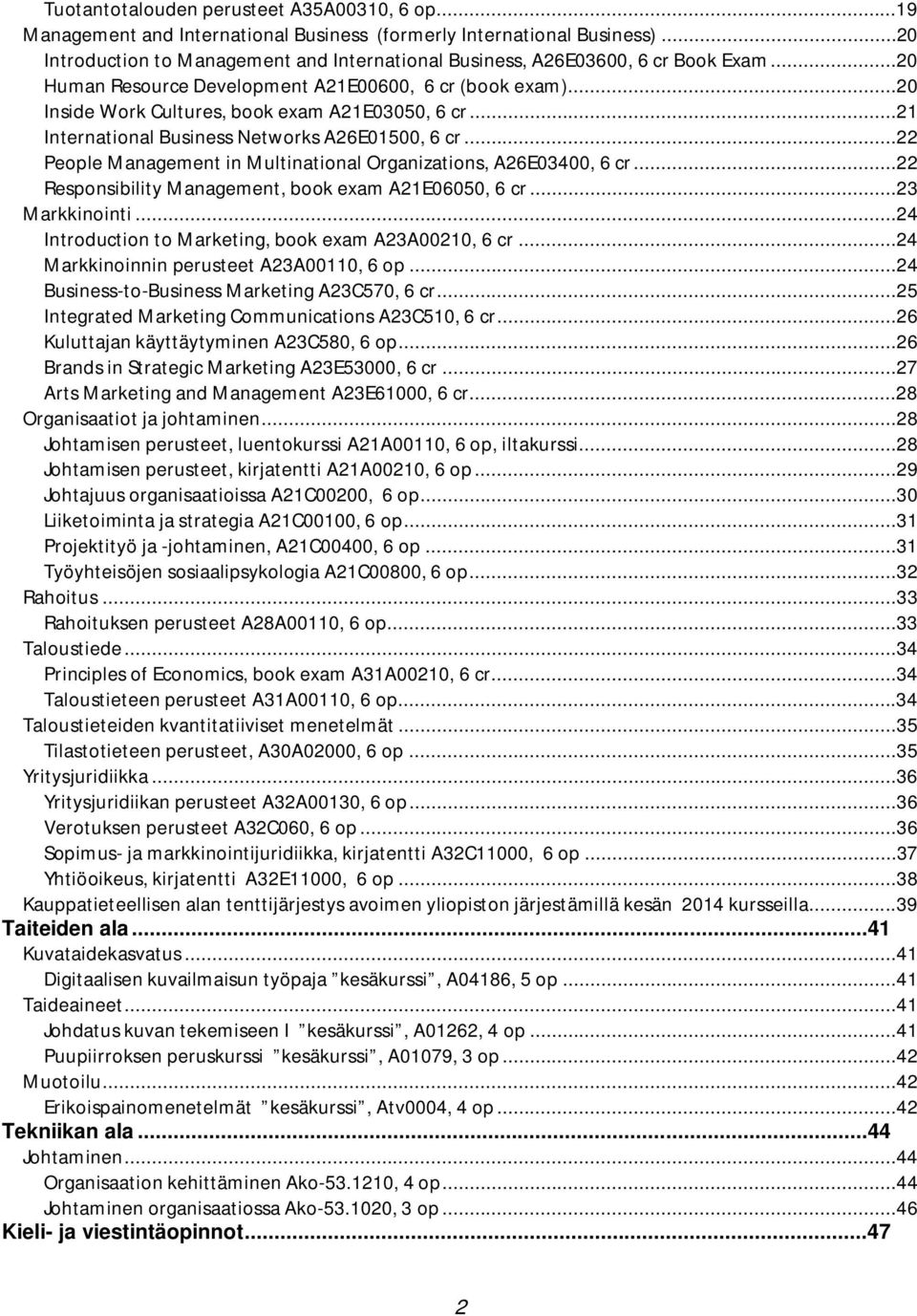 ..21 International Business Networks A26E01500, 6 cr...22 People Management in Multinational Organizations, A26E03400, 6 cr...22 Responsibility Management, book exam A21E06050, 6 cr...23 Markkinointi.