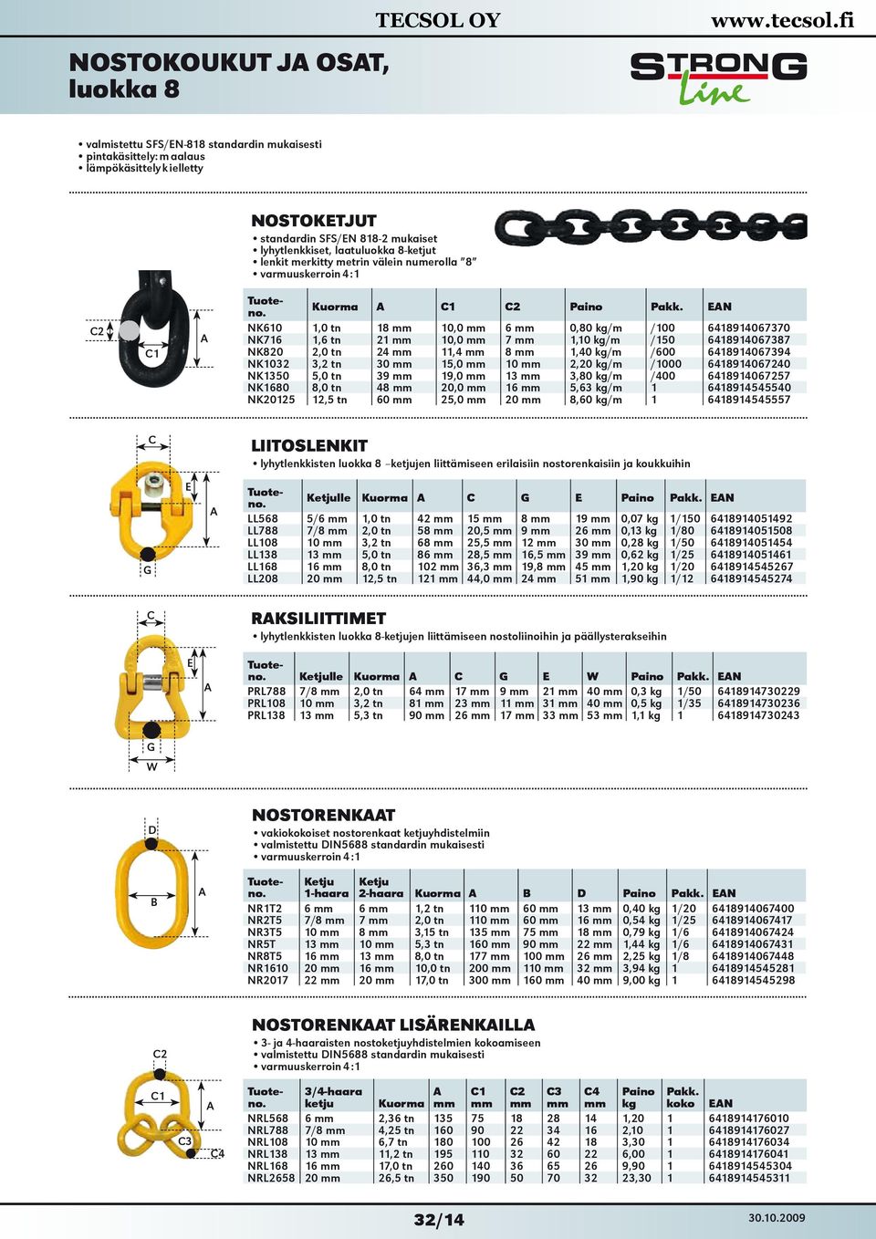 6418914067387 NK820 2,0 tn 24 mm 11,4 mm 8 mm 1,40 kg/m /600 6418914067394 NK1032 3,2 tn 30 mm 15,0 mm 10 mm 2,20 kg/m /1000 6418914067240 NK1350 5,0 tn 39 mm 19,0 mm 13 mm 3,80 kg/m /400