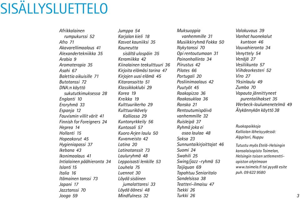 Islanti 15 Italia 16 Itämainen tanssi 73 Japani 17 Jazztanssi 70 Jooga 59 Jumppa 54 Karjalan kieli 18 Kasvot kauniiksi 35 Kauneutta sisältä ulospäin 35 Keramiikka 42 Kiinalainen teekulttuuri 36