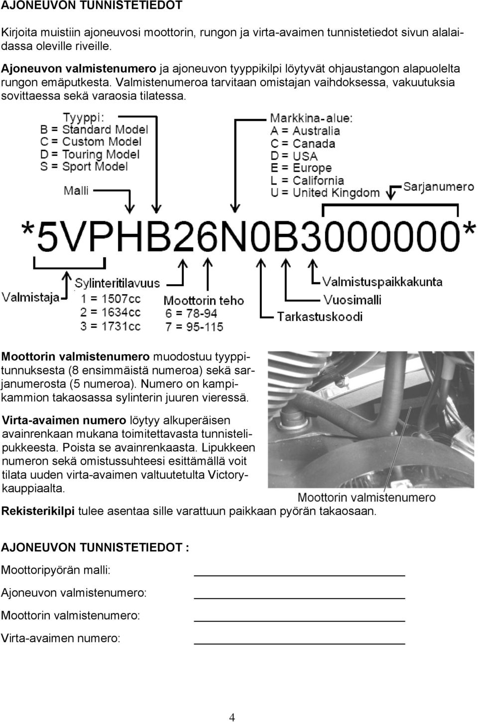 Valmistenumeroa tarvitaan omistajan vaihdoksessa, vakuutuksia sovittaessa sekä varaosia tilatessa.