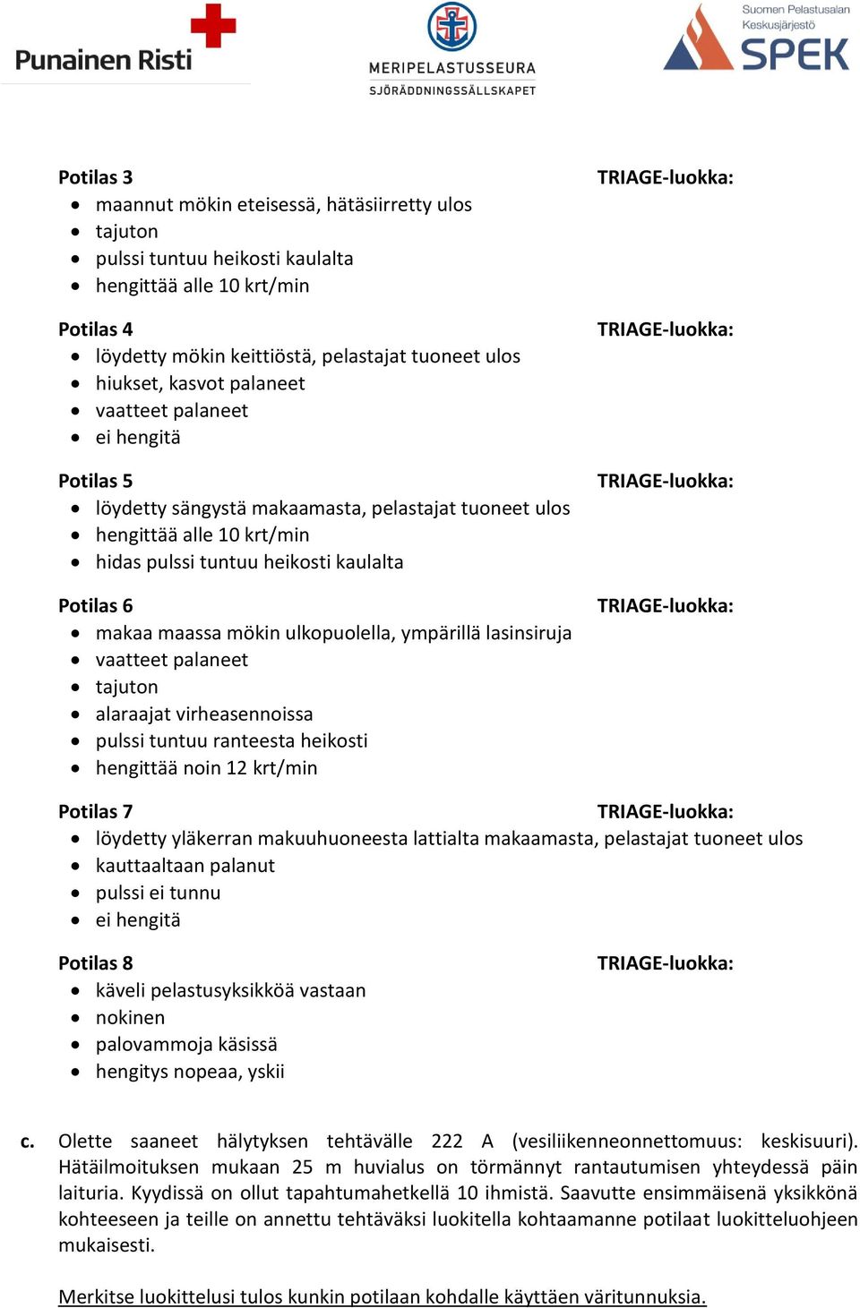 ympärillä lasinsiruja vaatteet palaneet alaraajat virheasennoissa pulssi tuntuu ranteesta heikosti hengittää noin 12 krt/min Potilas 7 löydetty yläkerran makuuhuoneesta lattialta makaamasta,