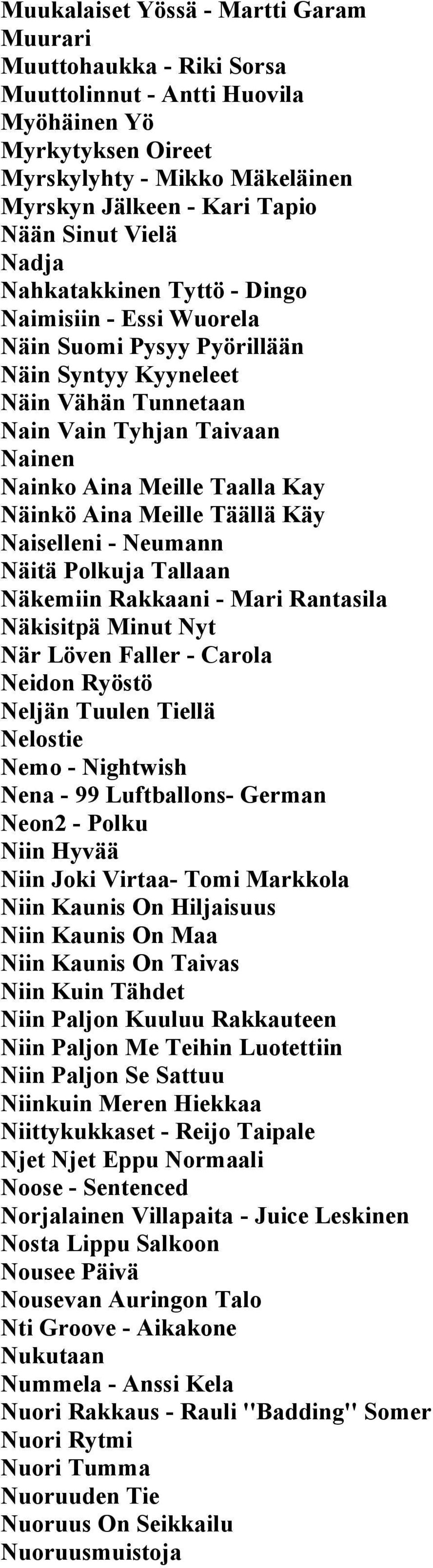 Näinkö Aina Meille Täällä Käy Naiselleni - Neumann Näitä Polkuja Tallaan Näkemiin Rakkaani - Mari Rantasila Näkisitpä Minut Nyt När Löven Faller - Carola Neidon Ryöstö Neljän Tuulen Tiellä Nelostie