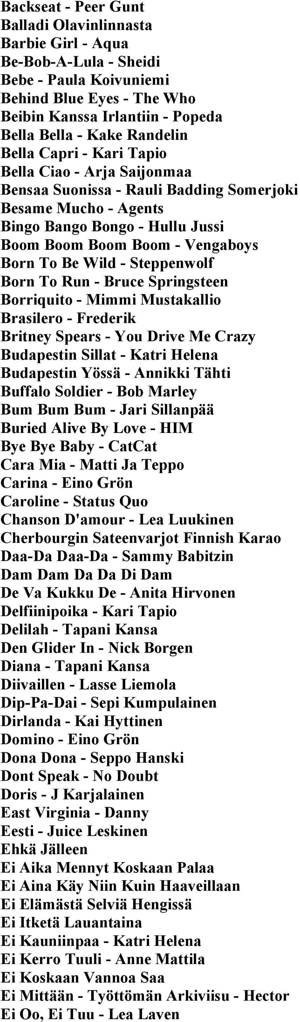 Steppenwolf Born To Run - Bruce Springsteen Borriquito - Mimmi Mustakallio Brasilero - Frederik Britney Spears - You Drive Me Crazy Budapestin Sillat - Katri Helena Budapestin Yössä - Annikki Tähti