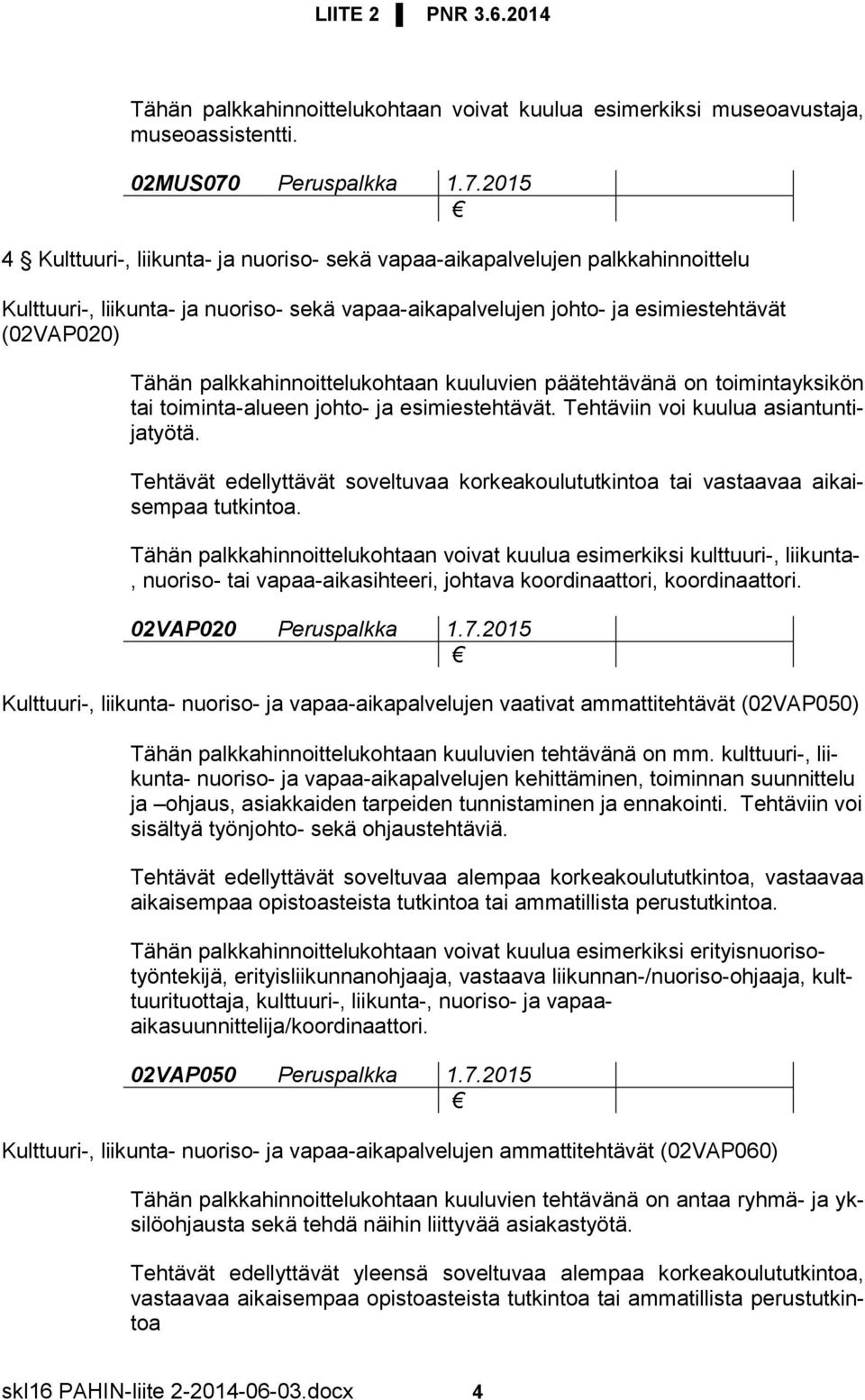 2015 4 Kulttuuri-, liikunta- ja nuoriso- sekä vapaa-aikapalvelujen palkkahinnoittelu Kulttuuri-, liikunta- ja nuoriso- sekä vapaa-aikapalvelujen johto- ja esimiestehtävät (02VAP020) Tähän