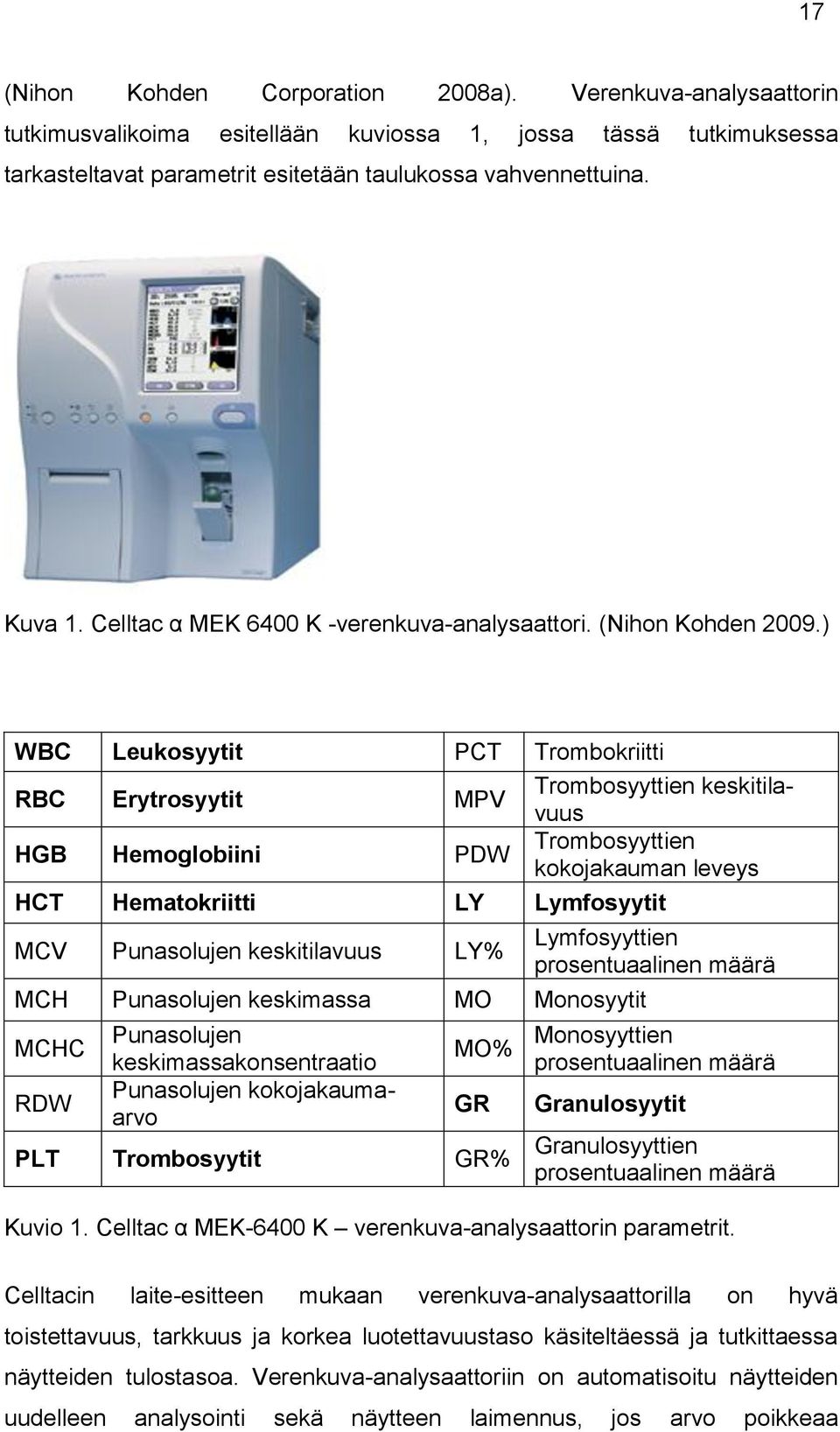 ) WBC Leukosyytit PCT Trombokriitti RBC Erytrosyytit MPV Trombosyyttien keskitilavuus HGB Hemoglobiini PDW Trombosyyttien kokojakauman leveys HCT Hematokriitti LY Lymfosyytit MCV Punasolujen