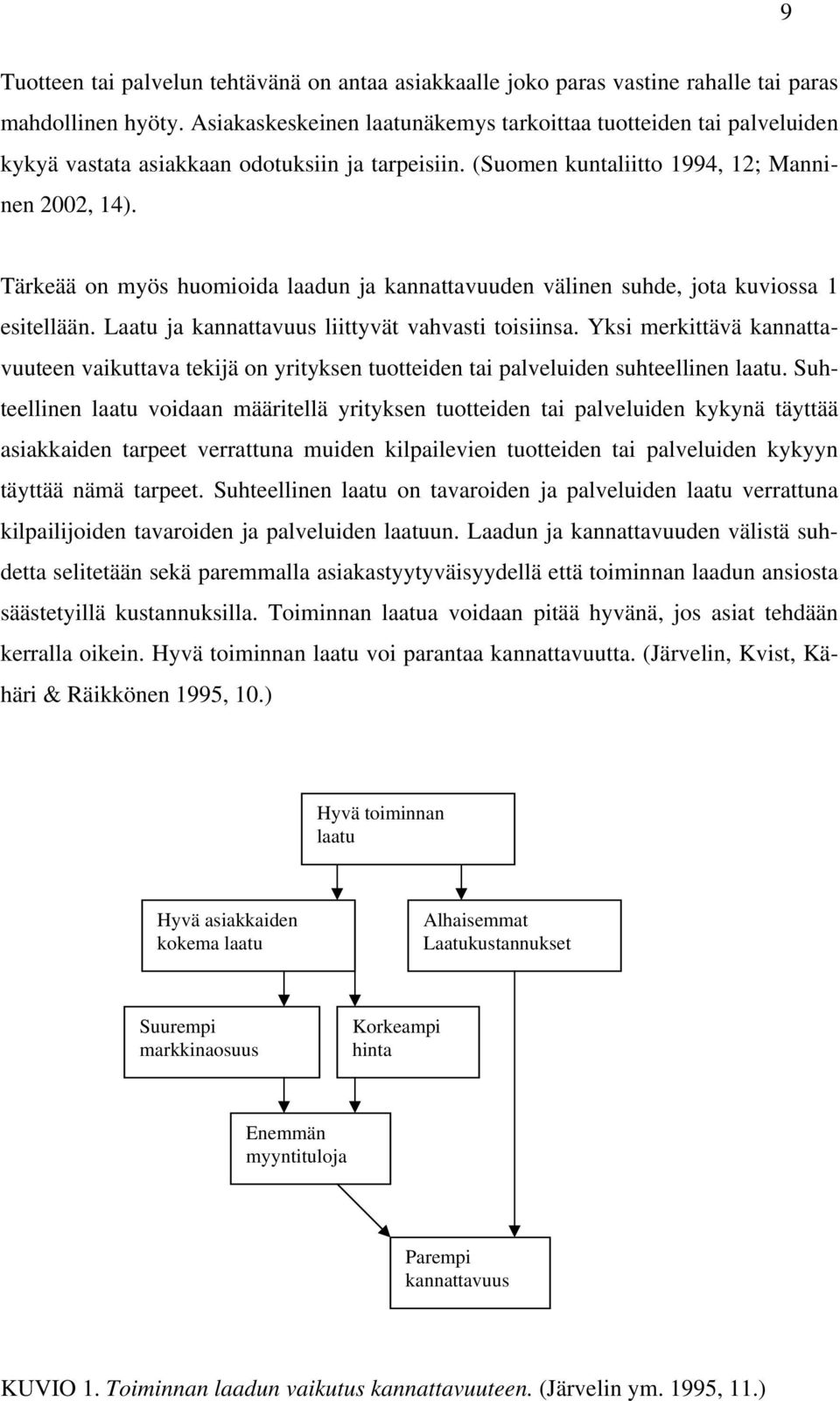 Tärkeää on myös huomioida laadun ja kannattavuuden välinen suhde, jota kuviossa 1 esitellään. Laatu ja kannattavuus liittyvät vahvasti toisiinsa.