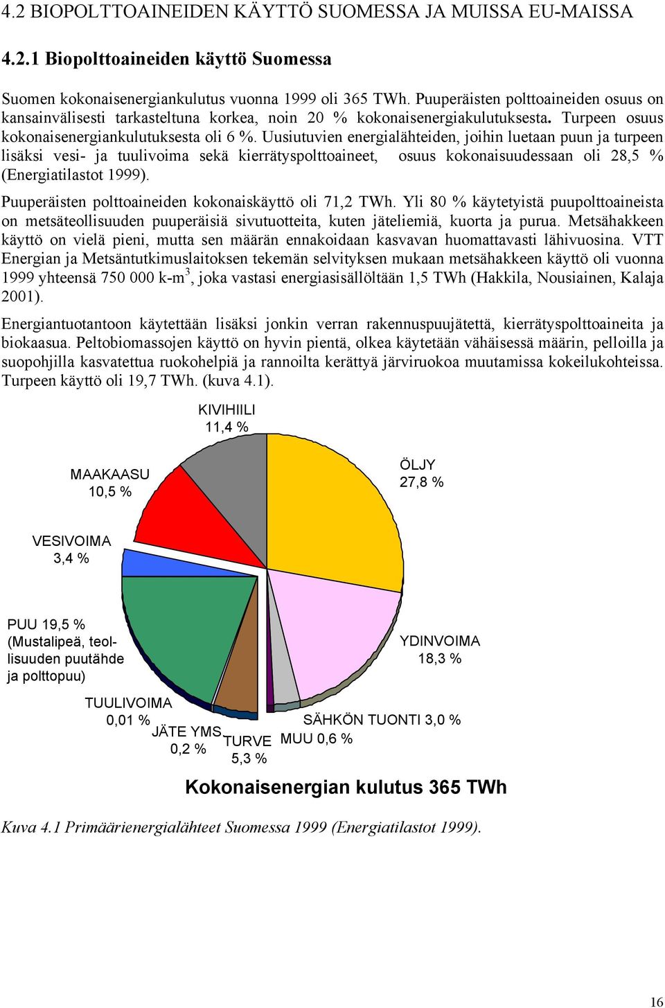 Uusiutuvien energialähteiden, joihin luetaan puun ja turpeen lisäksi vesi- ja tuulivoima sekä kierrätyspolttoaineet, osuus kokonaisuudessaan oli 28,5 % (Energiatilastot 1999).